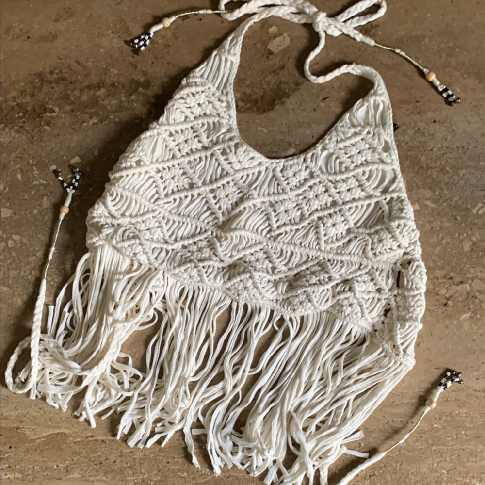 White Macrame Fringe Halter Top House of Harlow
